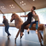 Ballet Master Krzysztof Nowogrodzki helpfully pulls the horse for Adhonay Soares da Silva and Elisa Badenes for the first scene of the second act.
