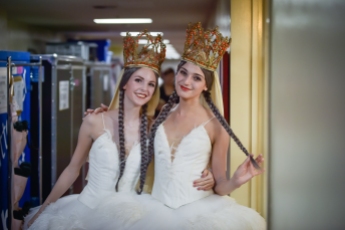 Quick change: Eva Holland-Nell and Anouk van der Weijde in the headpieces for the third act but still in swan tutus from the second act