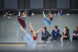 Veronika Verterich and Diana Ionescu rehearsing the pas de six as ballet masters Yseult Lendvai, Rolando D’Alesio, Andria Hall and Krzysztof Nowogrodzki watch
